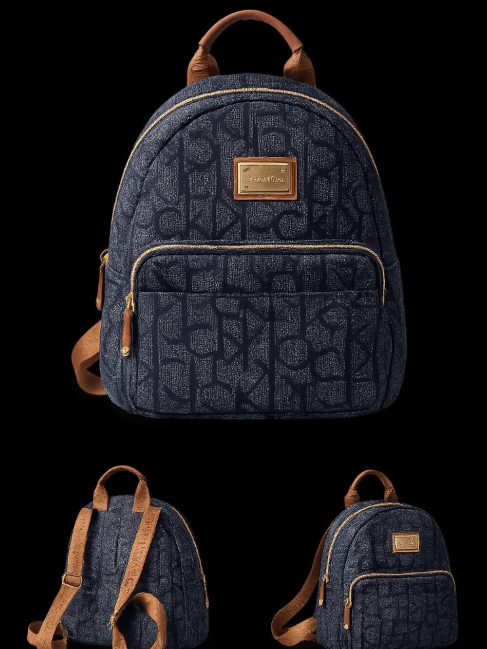 Calvin Klein Monogram Mini Backpack Navy Brown Gold Logo Everyday Travel Bag - Picture 2 of 5